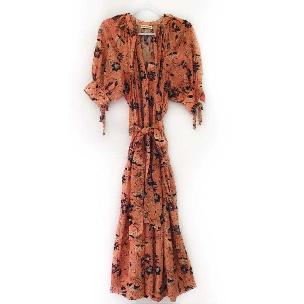 ULLA JOHNSON Primrose Puff Sleeve Tiered Midi Dress Salmon Floral